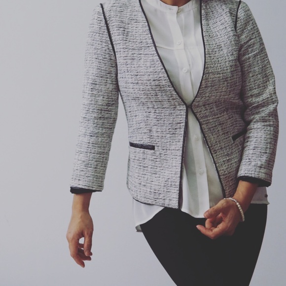 DKNYC Womens Faux-Leather Trim Tweed Jacket - Picture 2 of 7